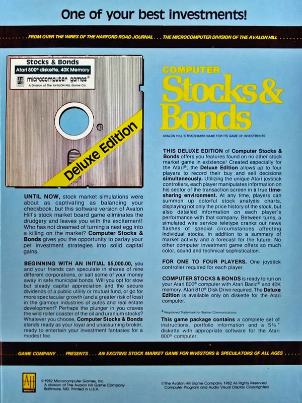 Back Cover for Computer Stocks & Bonds (Atari 8-bit) (Deluxe Edition)