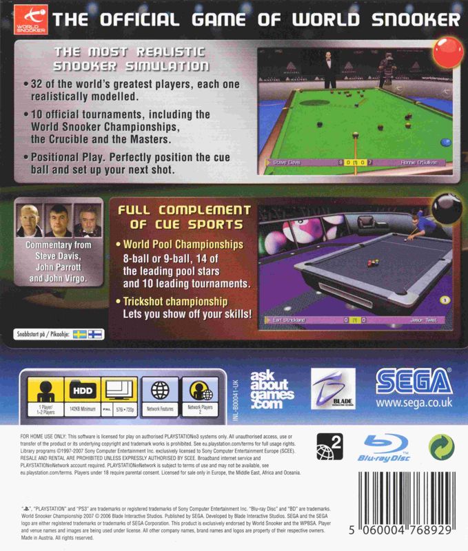 Back Cover for World Snooker Championship 2007 (PlayStation 3)