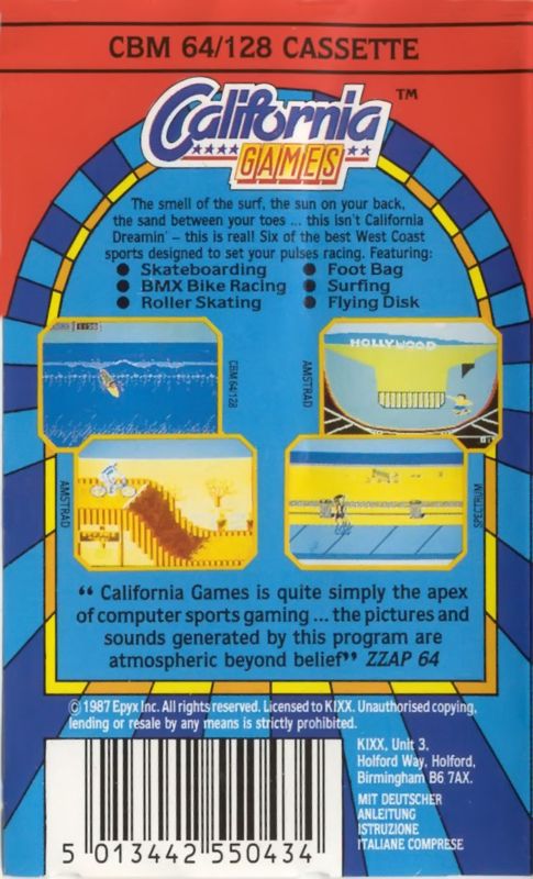 Back Cover for California Games (Commodore 64) (KIXX release)