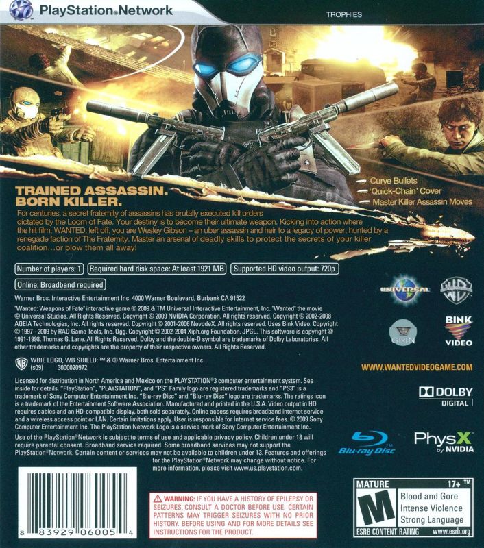 Back Cover for Wanted: Weapons of Fate (PlayStation 3)