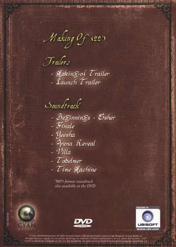 Other for Myst V: End of Ages (Limited Edition) (Macintosh and Windows) (Book-like box): Keep Case (bonus DVD) - Back