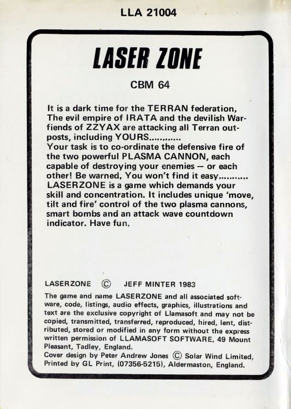 Back Cover for Laser Zone (Commodore 64)