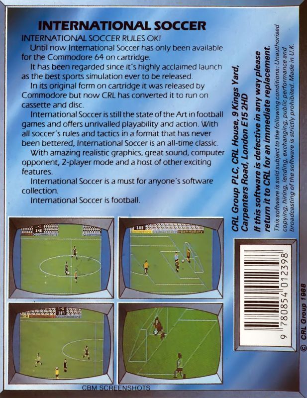 Back Cover for International Soccer (Commodore 64) (CRL Group PLC release)