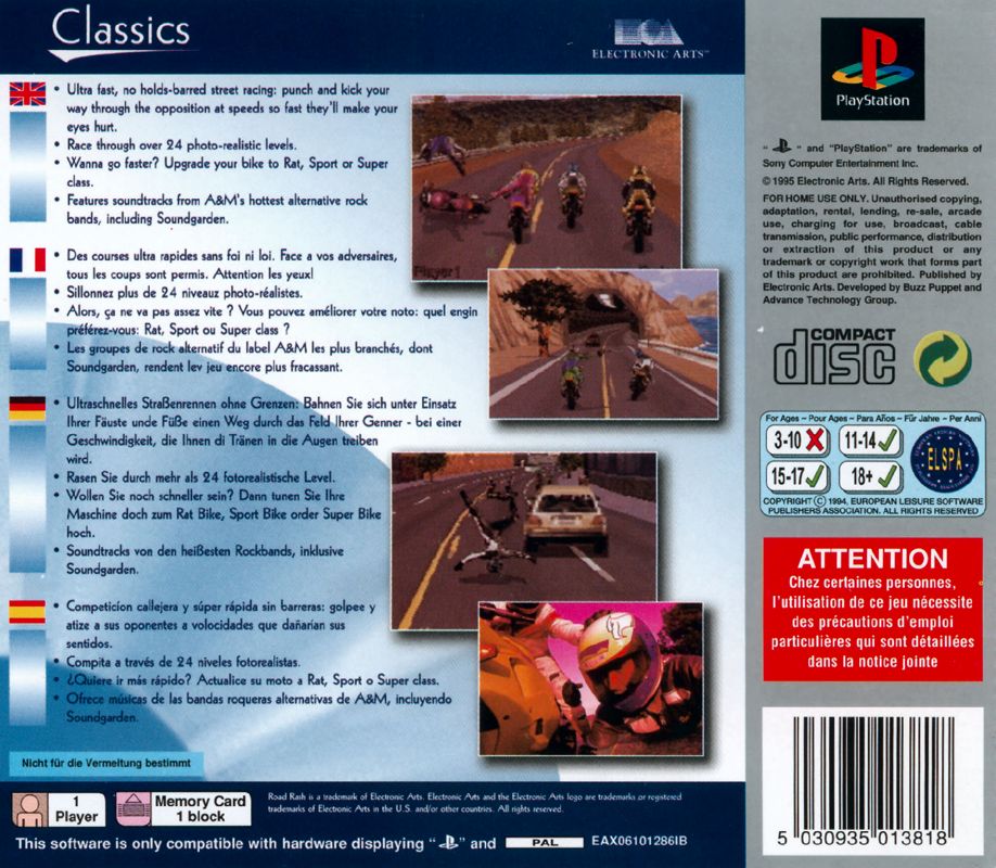 Back Cover for Road Rash (PlayStation) (Platinum release)