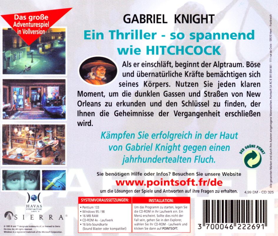 Back Cover for Gabriel Knight: Sins of the Fathers (Windows) (ProMarkt/MakroMarkt budget release)