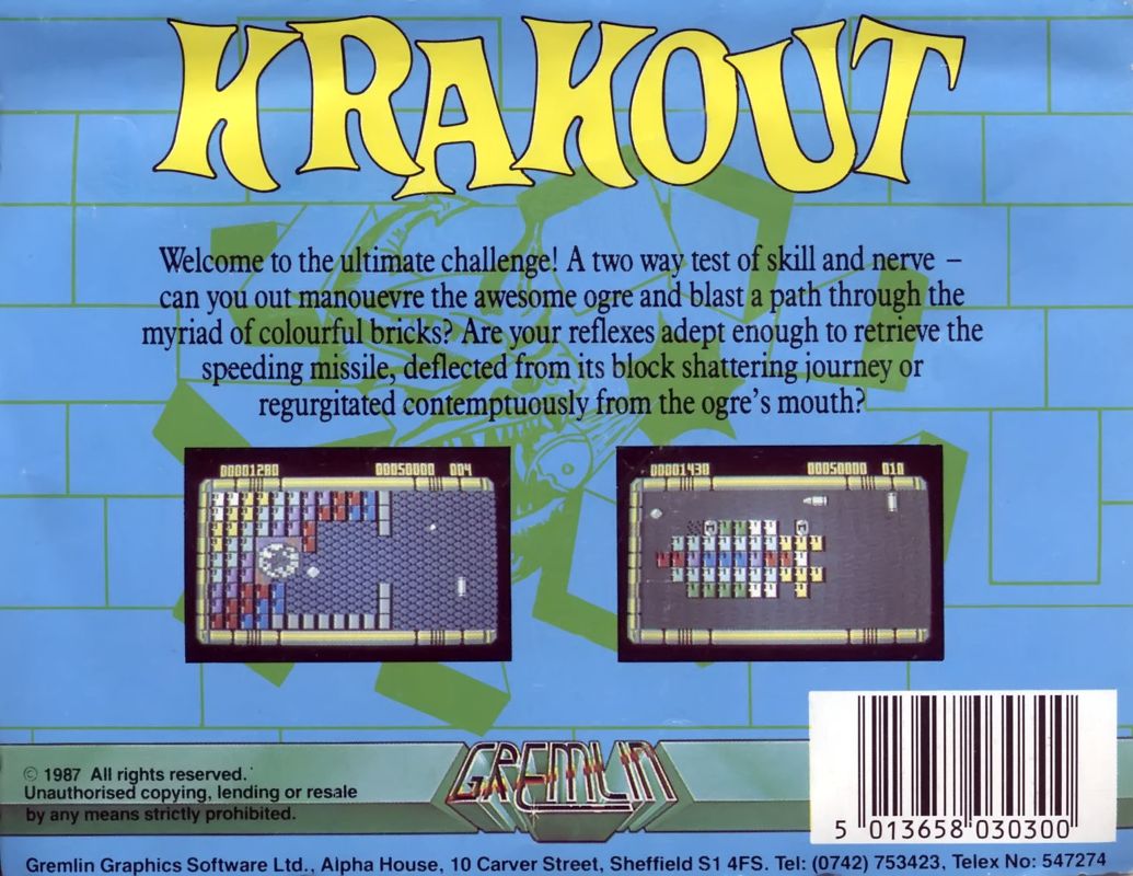 Back Cover for Krakout (Commodore 64)