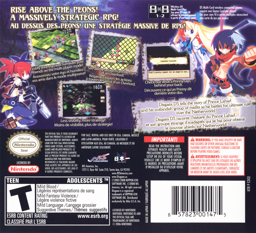 Back Cover for Disgaea DS (Nintendo DS)