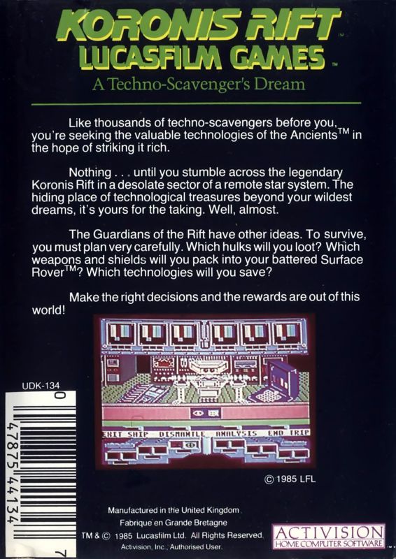 Back Cover for Koronis Rift (Commodore 64)