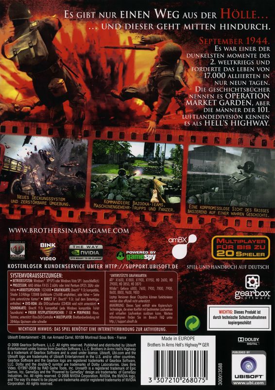 Back Cover for Brothers in Arms: Hell's Highway (Windows)