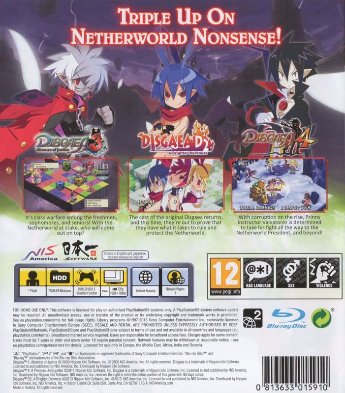 Back Cover for The Disgaea Triple Play Collection (PlayStation 3) (European English release)