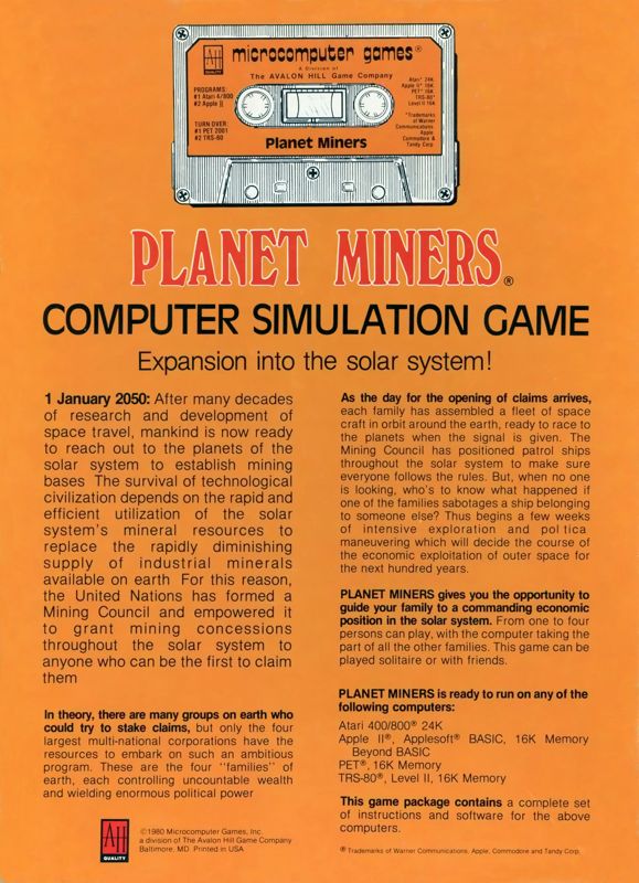 Back Cover for Planet Miners (Apple II and Atari 8-bit and Commodore PET/CBM and TRS-80)