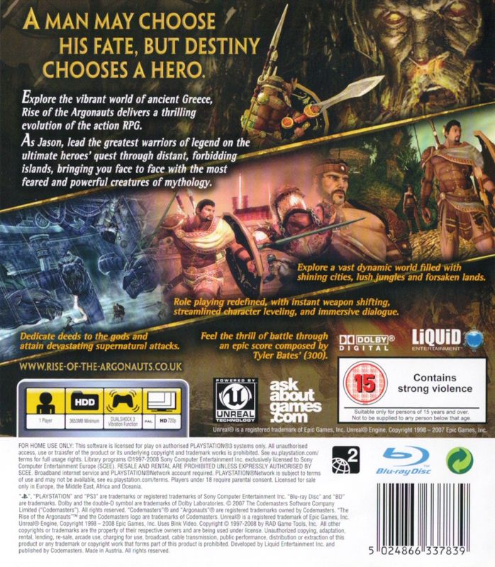 Back Cover for Rise of the Argonauts (PlayStation 3)