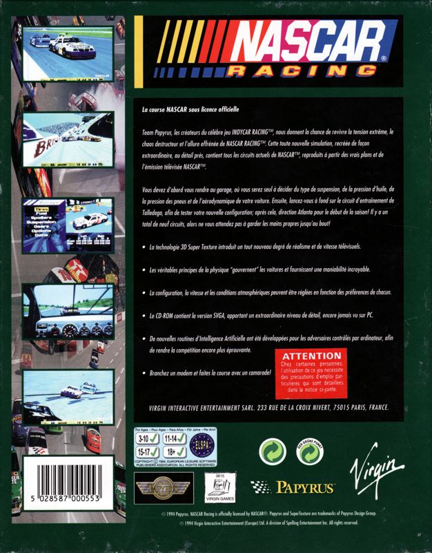 Back Cover for NASCAR Racing (DOS) (3.5" Disk release)