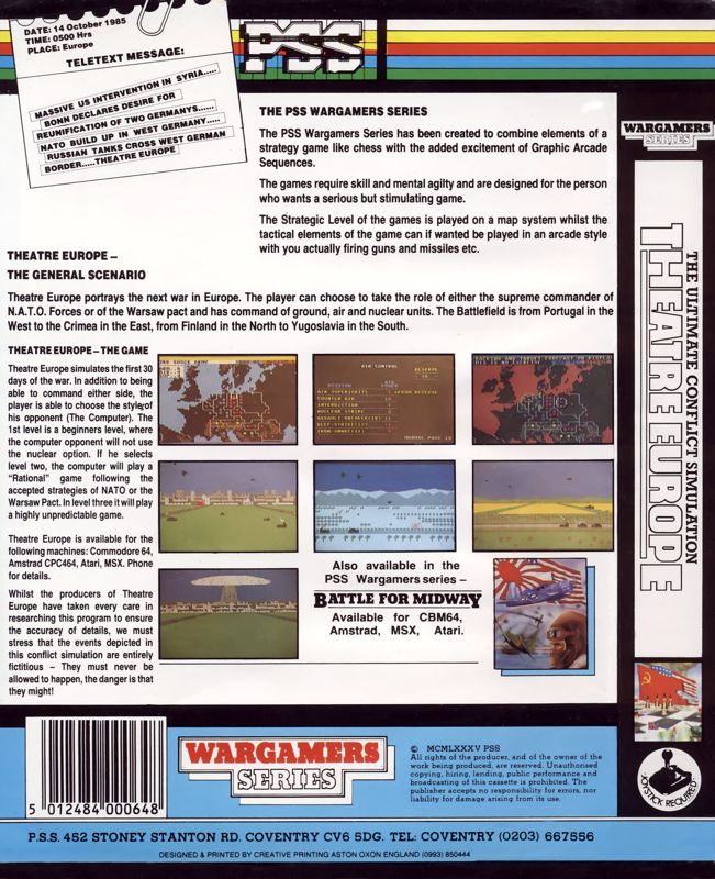 Back Cover for Theatre Europe (Atari 8-bit and Commodore 64)