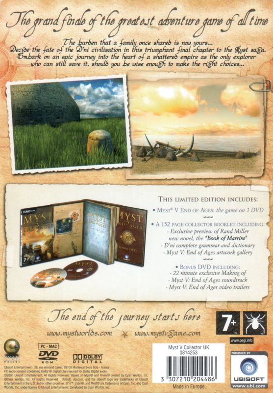 Other for Myst V: End of Ages (Limited Edition) (Macintosh and Windows) (Book-like box): Inlay - Back