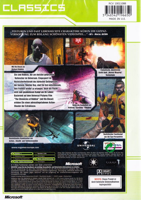 Back Cover for The Chronicles of Riddick: Escape from Butcher Bay (Xbox) (Classics release)