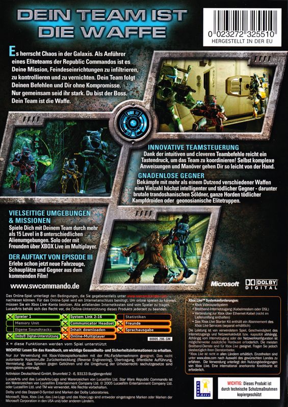 Back Cover for Star Wars: Republic Commando (Xbox)