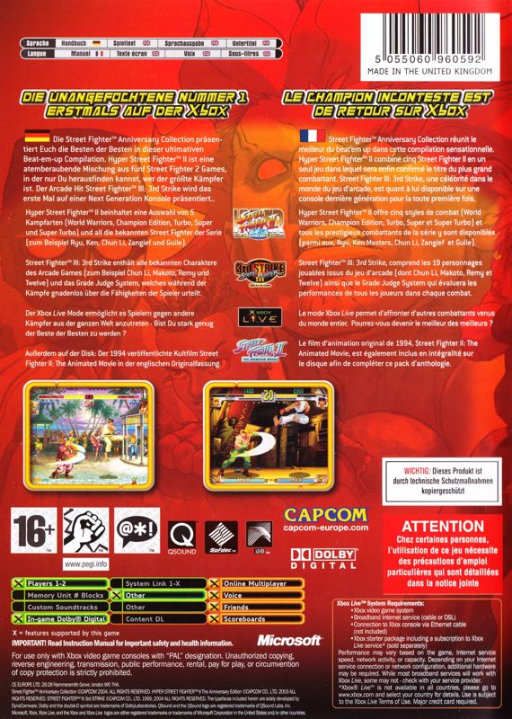 Back Cover for Street Fighter: Anniversary Collection (Xbox)