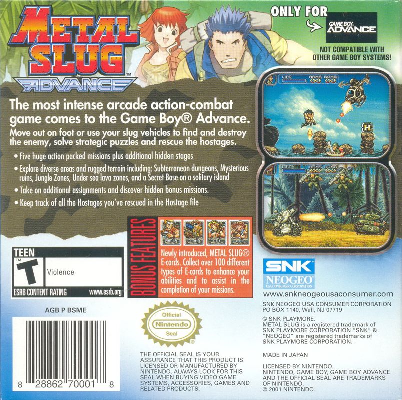 Back Cover for Metal Slug Advance (Game Boy Advance)