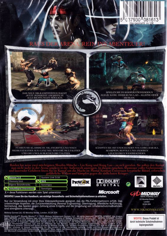Back Cover for Mortal Kombat: Shaolin Monks (Xbox)