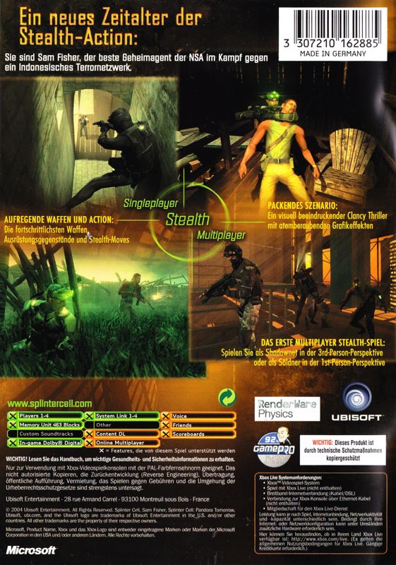 Back Cover for Tom Clancy's Splinter Cell: Pandora Tomorrow (Xbox)