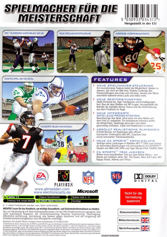 Madden NFL 2004 Xbox Back cover