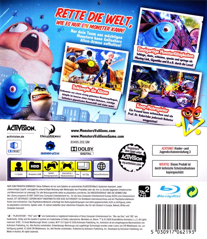 Back Cover for Monsters vs. Aliens (PlayStation 3)