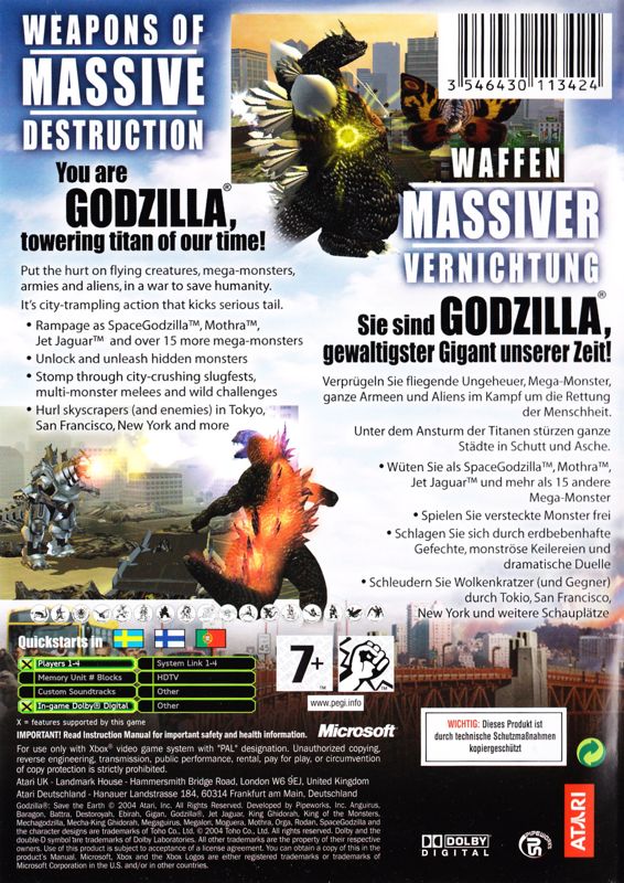 Back Cover for Godzilla: Save the Earth (Xbox)
