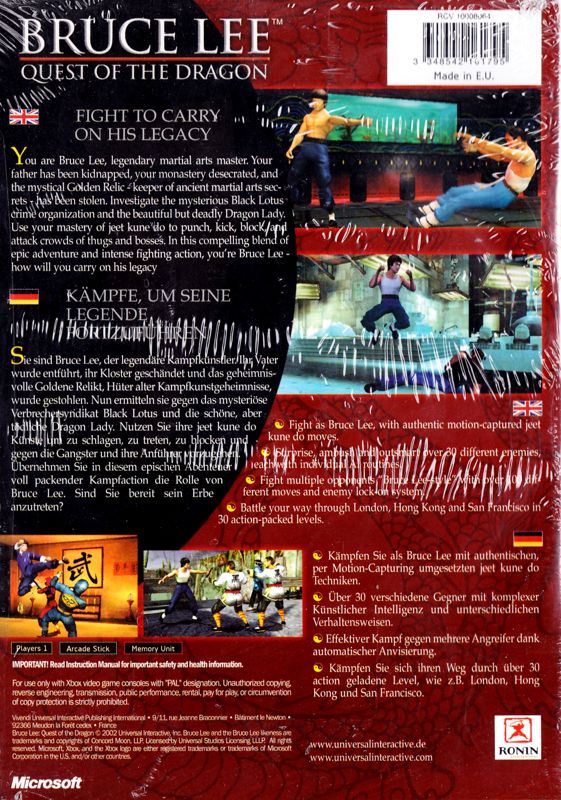 Back Cover for Bruce Lee: Quest of the Dragon (Xbox)