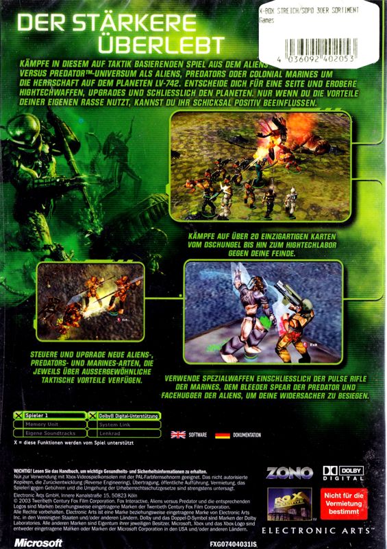 Back Cover for Aliens Versus Predator: Extinction (Xbox)