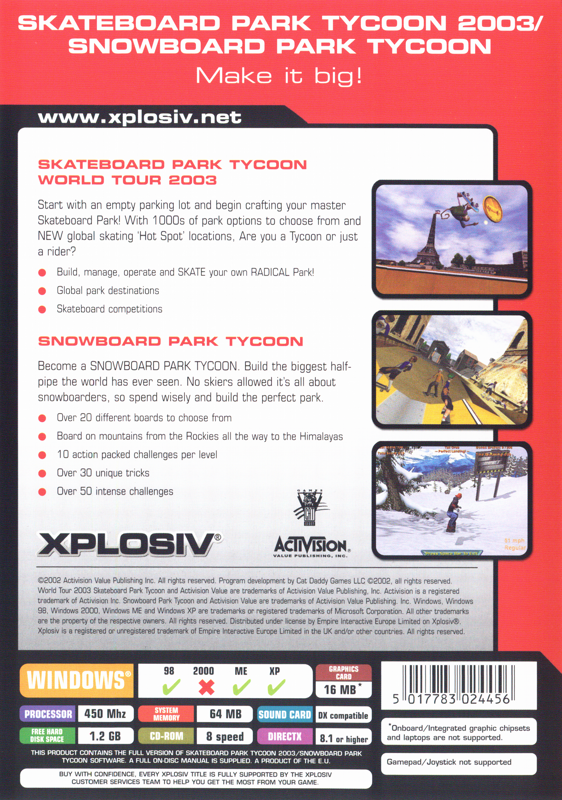 Back Cover for Skateboard Park Tycoon 2003 / Snowboard Park Tycoon (Windows) (Xplosiv release)