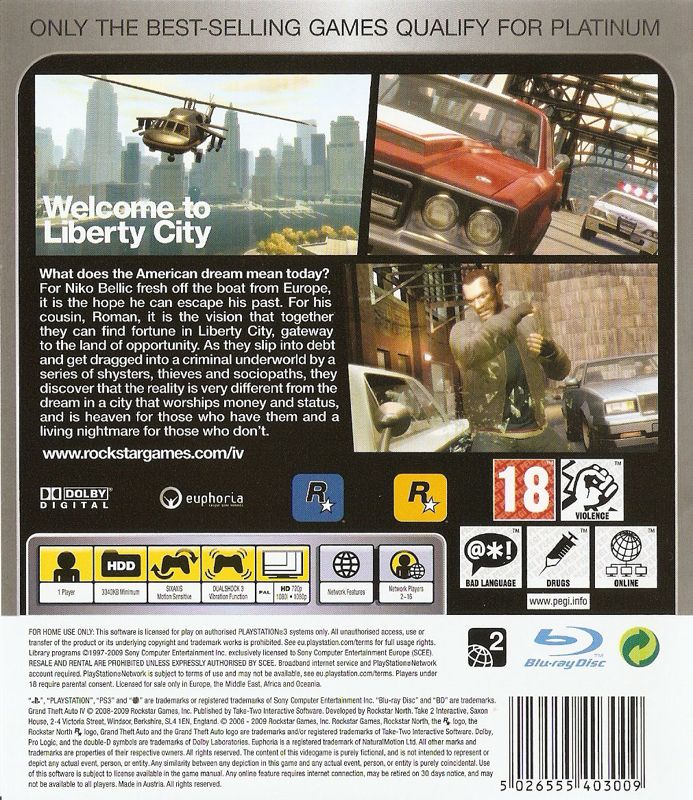 Back Cover for Grand Theft Auto IV (PlayStation 3) (Platinum release)