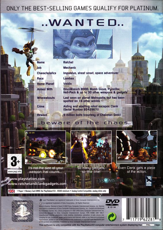 Back Cover for Ratchet & Clank (PlayStation 2) (Platinum release)