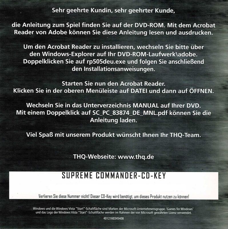 Inside Cover for Supreme Commander (Windows) (Software Pyramide release): Left Inlay