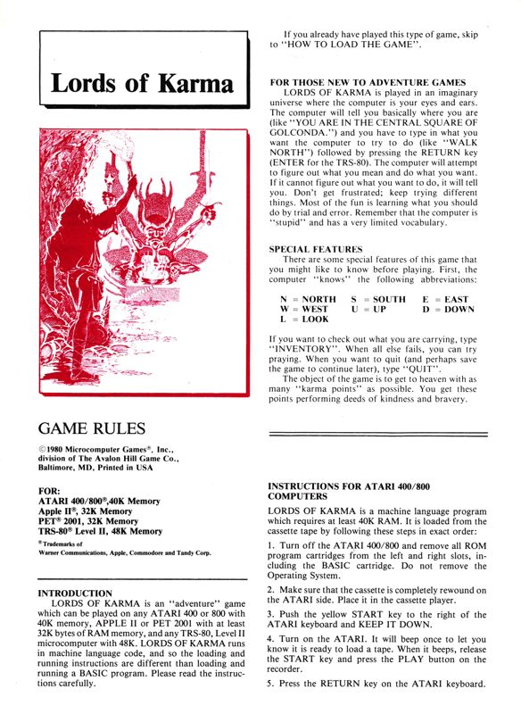 Manual for Lords of Karma (Atari 8-bit) (Atari Diskette release): Front