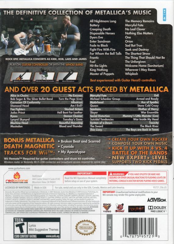 Back Cover for Guitar Hero: Metallica (Wii)