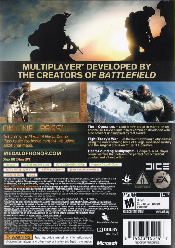 Back Cover for Medal of Honor (Xbox 360)