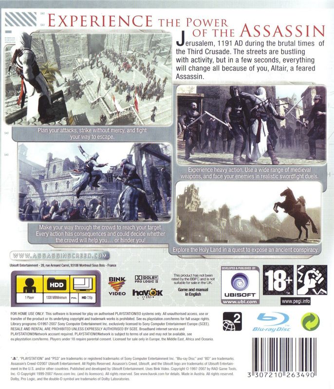 Back Cover for Assassin's Creed (PlayStation 3) (English version)