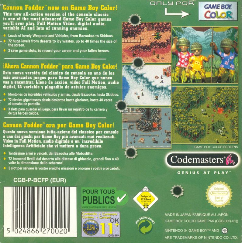 Back Cover for Cannon Fodder (Game Boy Color)