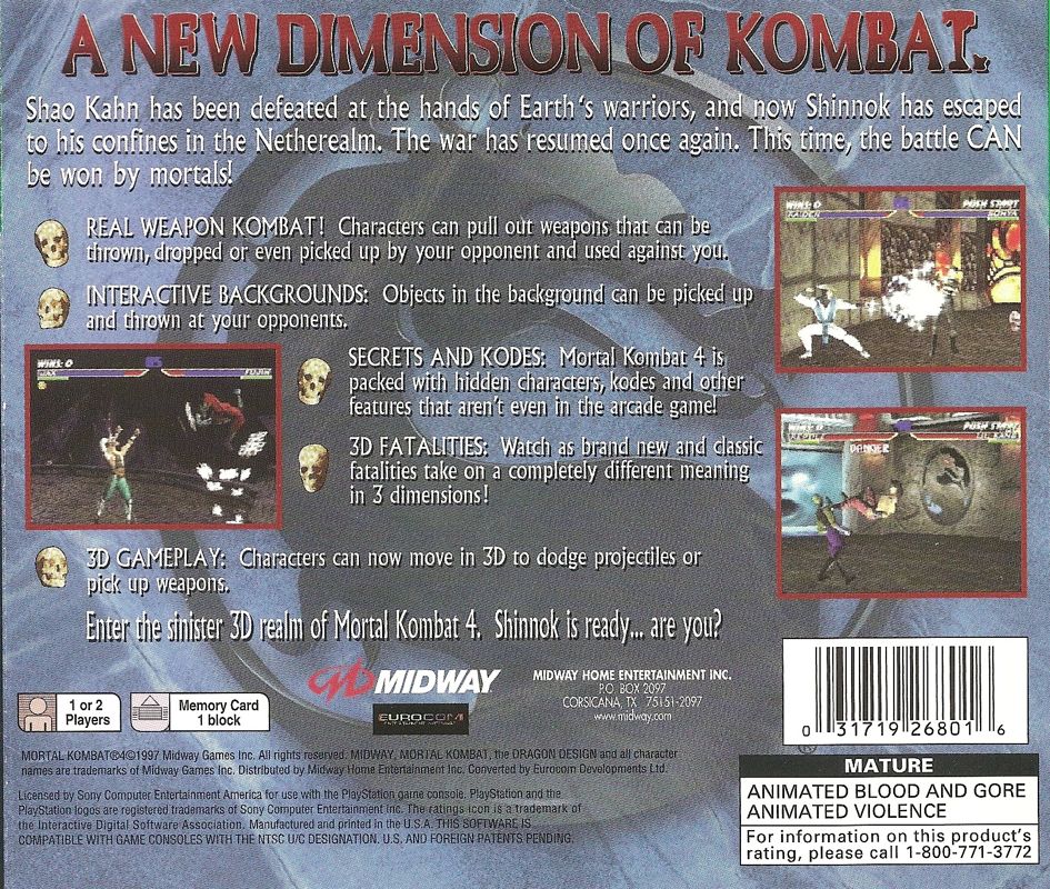 Back Cover for Mortal Kombat 4 (PlayStation) (Greatest Hits release)