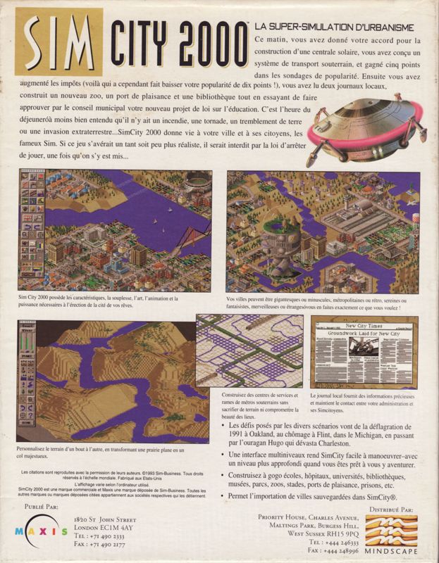 Back Cover for SimCity 2000 (DOS) (3.5" Disk Release)