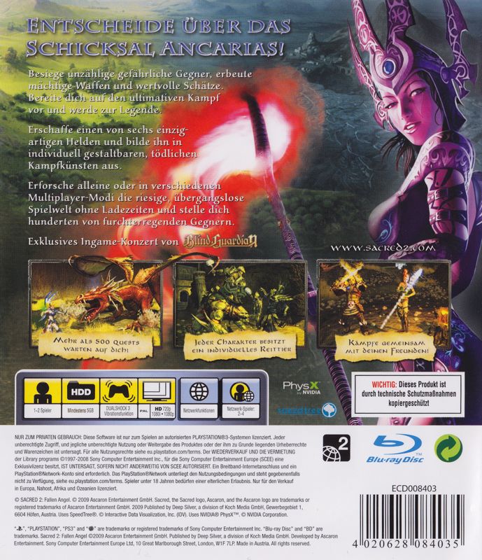 Back Cover for Sacred 2: Fallen Angel (PlayStation 3)
