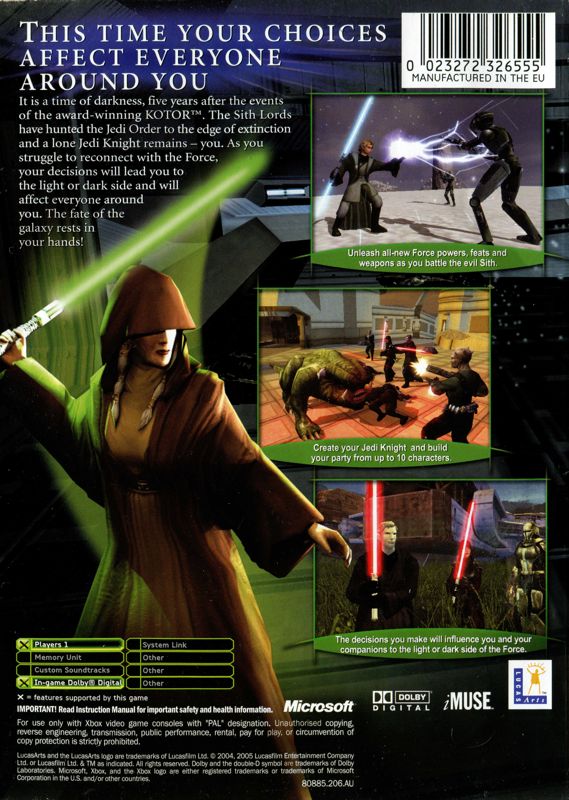 Back Cover for Star Wars: Knights of the Old Republic II - The Sith Lords (Xbox)