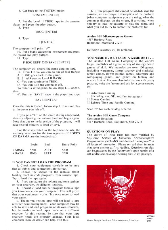 Manual for Lords of Karma (Atari 8-bit) (Atari Diskette release): Back