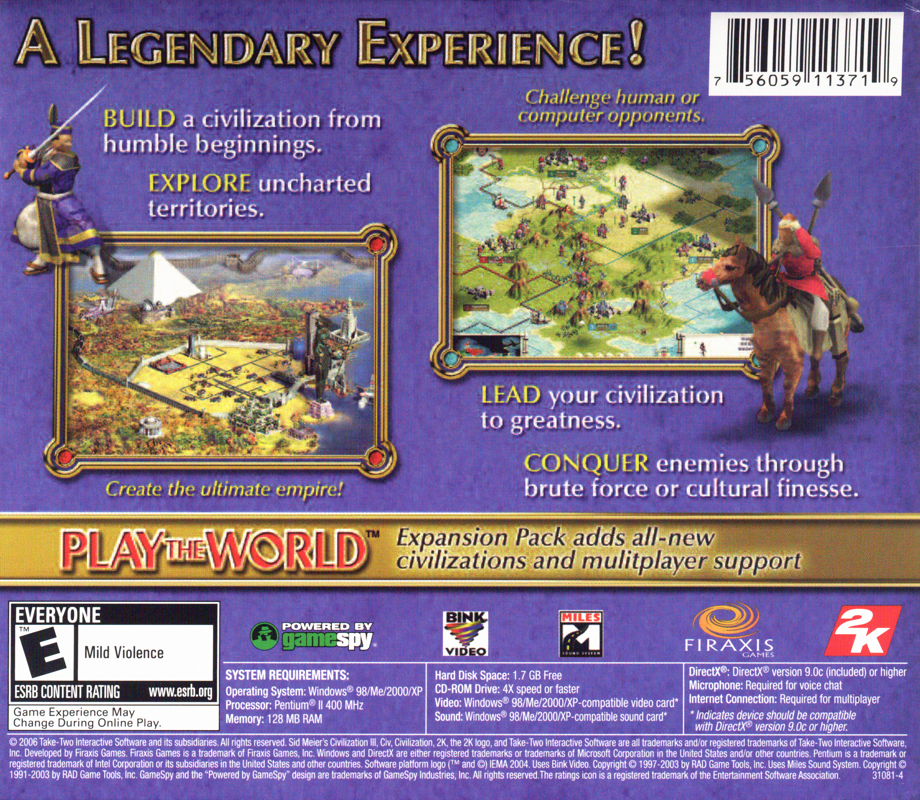 Back Cover for Sid Meier's Civilization III: Gold Edition (Windows) (Take-Two re-release)