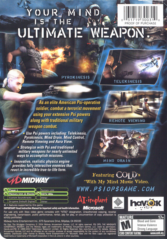 Back Cover for Psi-Ops: The Mindgate Conspiracy (Xbox)