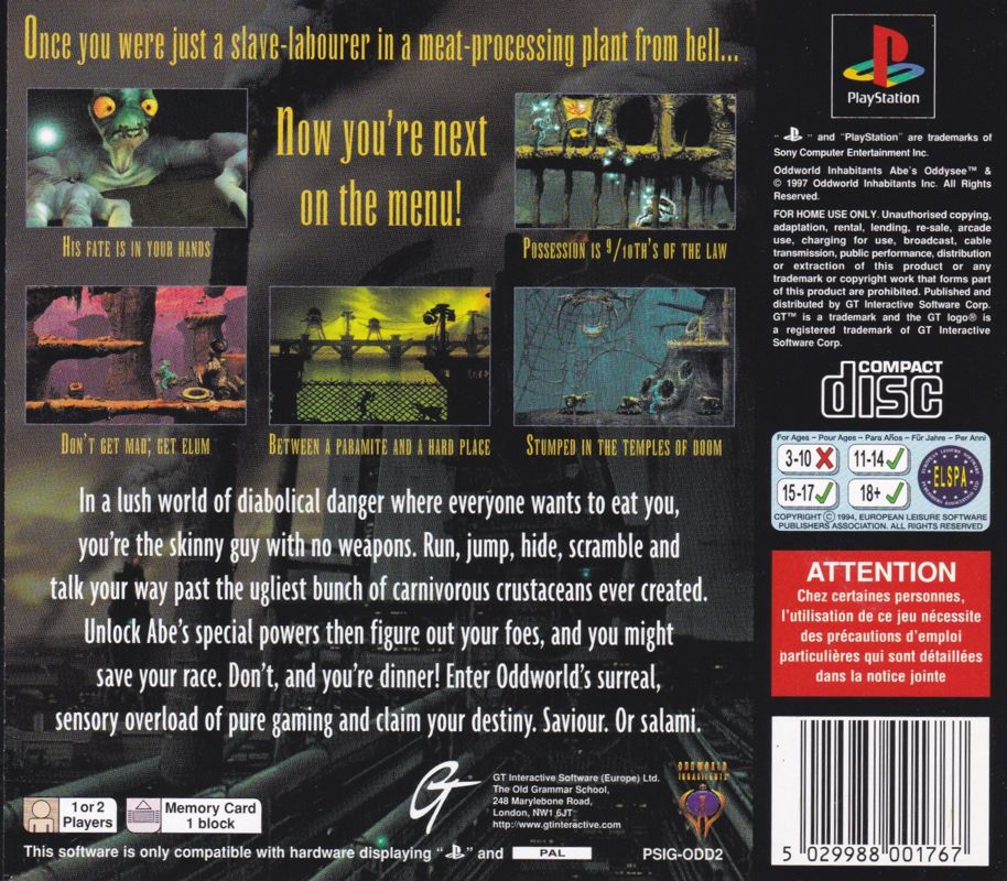 Oddworld: Abe's Oddysee cover or packaging material - MobyGames