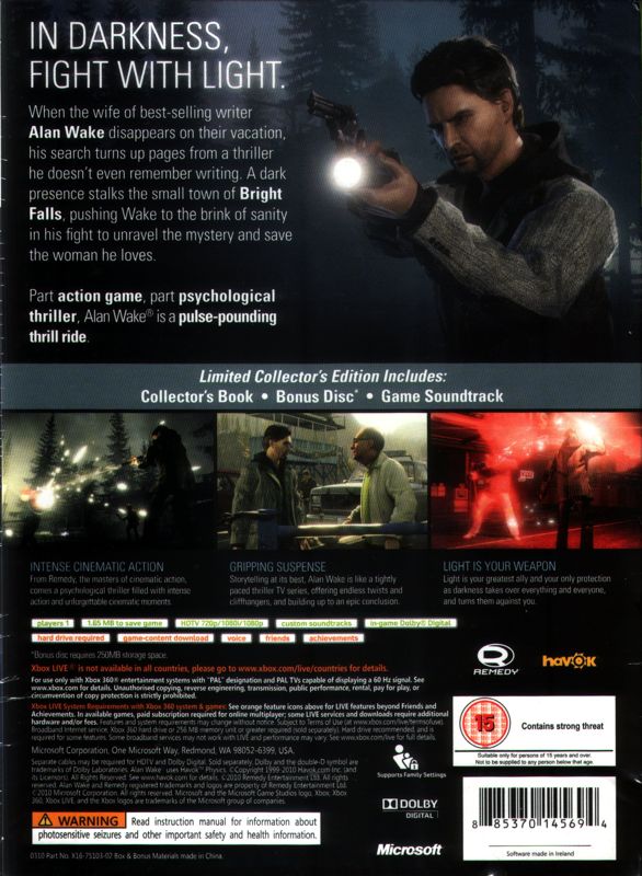 Back Cover for Alan Wake (Limited Collector's Edition) (Xbox 360)