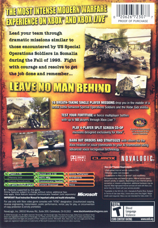Back Cover for Delta Force: Black Hawk Down (Xbox)