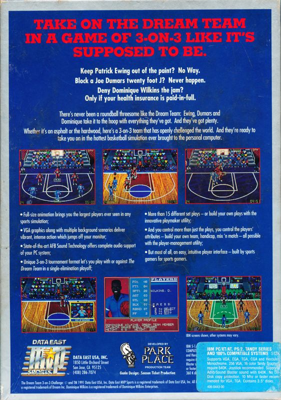 Back Cover for The Dream Team: 3 on 3 Challenge (DOS)